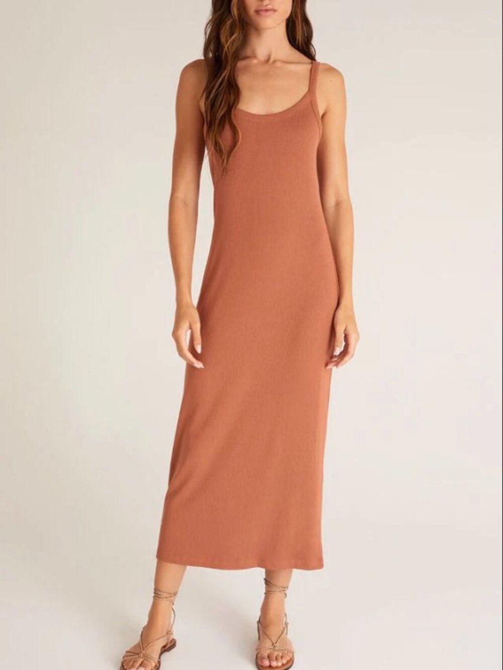 Z Supply Melody‎ Midi Rib Dress Maxi Tank Ribbed Knit Brown Copper Small Straps